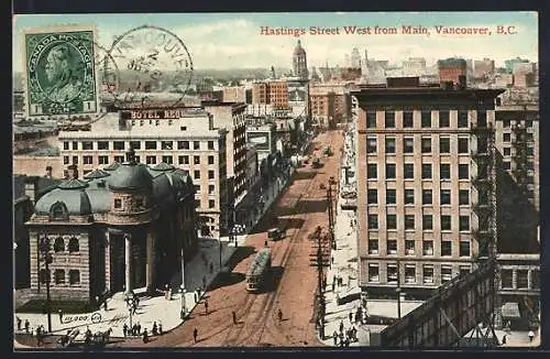 AK Vancouver, Hastings Street West from Main, Strassenbahn