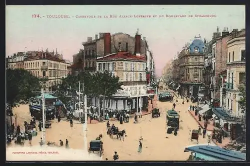 AK Toulouse, Carrefour de la Rue Alsasce-Lorraine et du Boulevard de Strasbourg, Strassenbahn