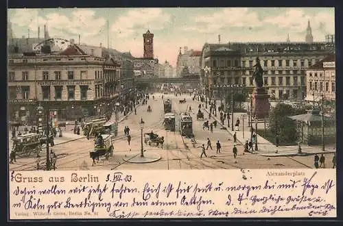 AK Berlin, Alexanderplatz, Strassenpartie mit Denkmal und Strassenbahnen