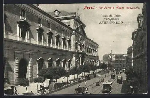 AK Napoli, Via Foria e Museo Nazionale, Strassenbahn, Trieste, J. Serrvallo, Vino di China ferruginoso