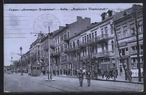 AK Sofia, Boulevard Dondoukoff, Strassenbahn