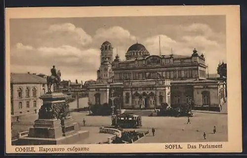 AK Sofia, Parlament mit Denkmal und Strassenbahn