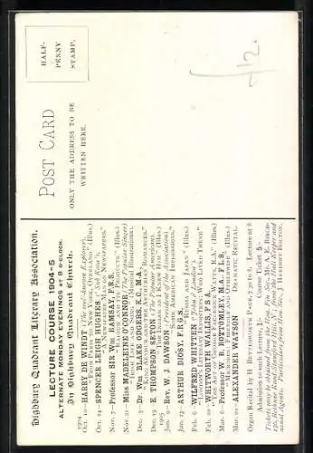 AK Highbury, Highbury Quadrant Literary Association, Lecturers Season 1904-1905, Alexander Watson, Miss O`Connor