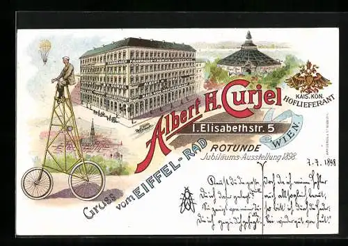 Lithographie Wien, Jubiläums-Ausstellung Rotunde, Albert H. Curjel, Eiffel-Rad