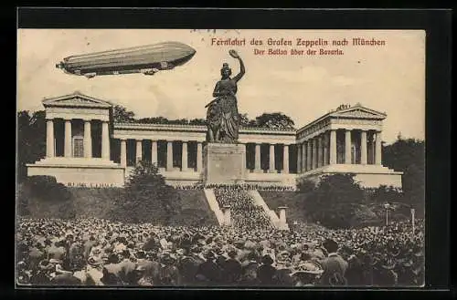 AK München, Fernfahrt des Grafen Zeppelin, Der Ballon über der Bavaria