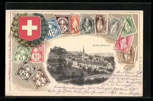 AK Baden, Stadtansicht, Wappen, verschiedene schweizer Briefmarken