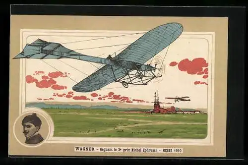 Künstler-AK Reims, Flieger Wagner im Flugzeug, Gagnant le 2e prix Michel Ephrussi 1910