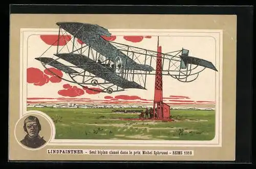 Künstler-AK Reims, Flieger Lindpaintner im Doppeldecker, Seul biplan classé dans le prix Michel Ephrussi 1910