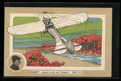 AK Reims, Flieger Mamet, Gagnant du prix avec 2 passagers 1910, Flugzeug über einem Fluss