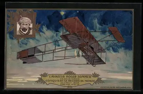 Künstler-AK L`Aviateur Roger Sommer sur Biplan Farman, conquiert le Record du Monde 1909