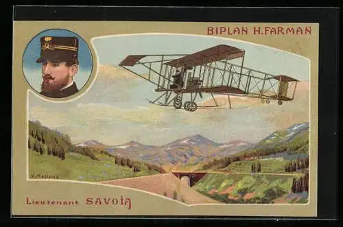 Künstler-AK Biplan H. Farman et Lieutenant Savoir