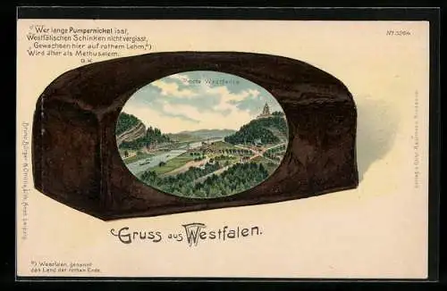 Passepartout-Lithographie Porta Westfalica, Panorama im Pumpernickel