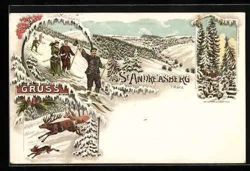 Winter-Lithographie St. Andreasberg i. Harz, Wasserfall am Oderteich, Skifahrer, Rehe und Hase