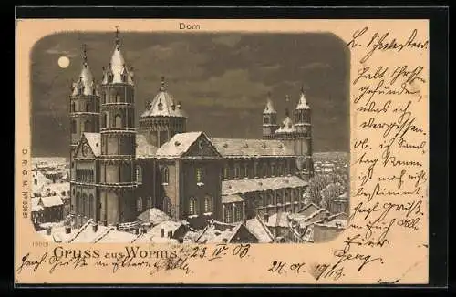 Winter-Lithographie Worms, Verschneiter Dom im Mondlicht