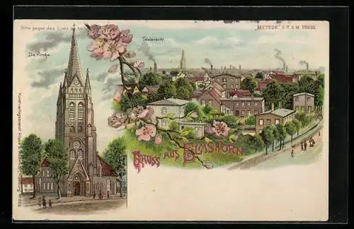 Lithographie Elmshorn, Totalansicht und Kirche, Leuchtende Fenster bei Halt gegen das Licht