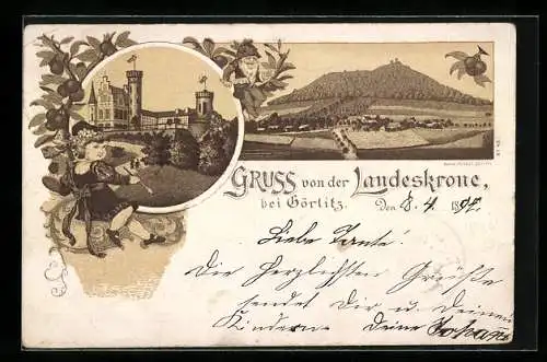 Vorläufer-Lithographie Görlitz, 1894, Gasthof Landeskrone, Passepartout mit Zwerg und Maler