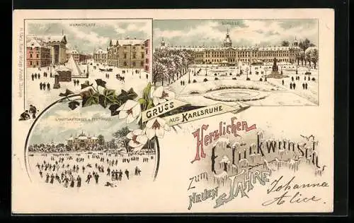 Vorläufer-Winter-Lithographie Karlsruhe, 1895, Marktplatz, Schloss, Stadtgartensee mit Festhalle