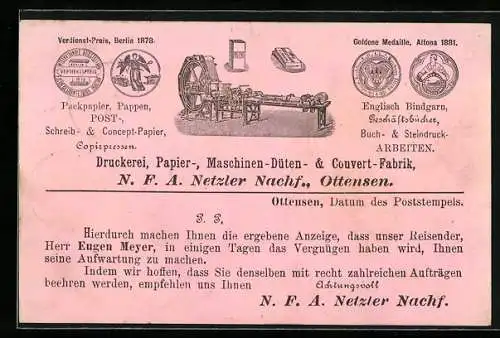 Vorläufer-AK Ottensen, 1886, Reklame für Druckerei und Papier- & Couvert-Fabrik N. F. A. Netzler, Verdienstpreis und Med