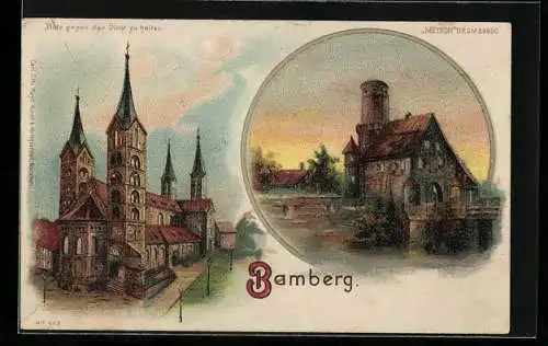 Lithographie Bamberg, Dom und Burg, Leuchtender Sonnenuntergang bei Halt gegen das Licht