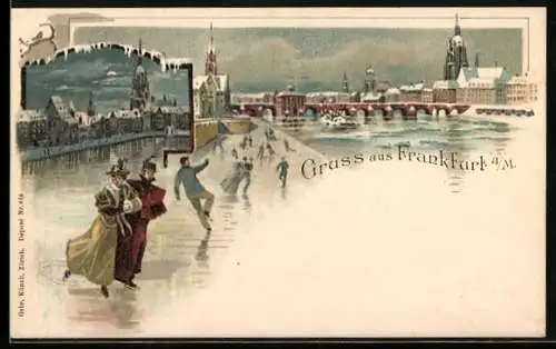 Winter-Lithographie Frankfurt a. M., Schlittschuhläufer auf einer Eisbahn, Stadtpanorama