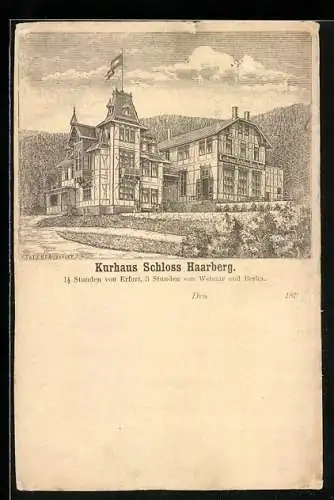 Vorläufer-Lithographie Haarberg, 1893, Kurhaus Schloss Haarberg mit Gästen