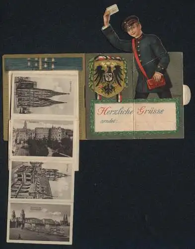 Mechanische-AK Köln, Opernhaus, Dom, Heumarkt und Rathaus, Briefträger, Wappen, Leporello