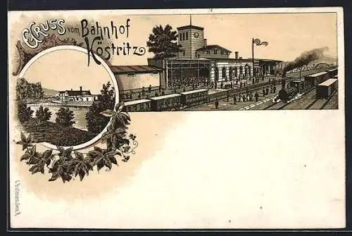 Lithographie Köstritz, Bahnhof mit Zügen