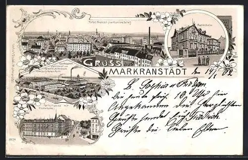 Lithographie Markranstädt, Totalansicht, Marienheim und Parkstrasse mit Promenade