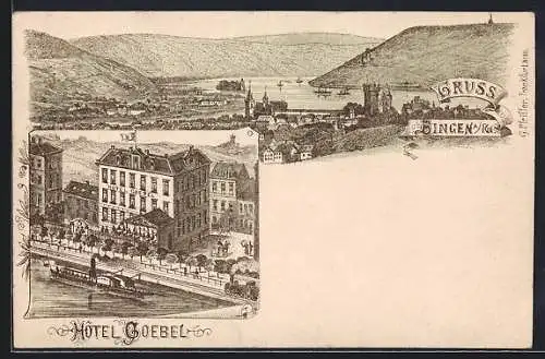 Lithographie Bingen a. Rh., Gesamtansicht und Hotel Goebel mit Uferpartie