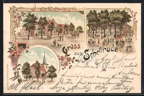 Lithographie Schellroda, Gasthaus, Kirche, Gehöft