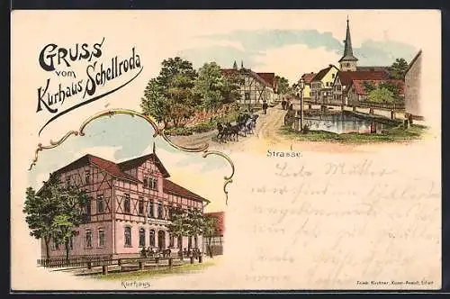 Lithographie Schellroda, Kurhaus Schellroda, Strassenpartie mit Pferdewagen