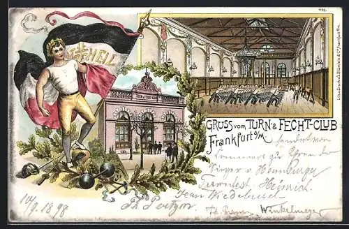 Lithographie Frankfurt a. M., Turn-& Fecht-Club, Männer beim Training und Gebäudeäusseres