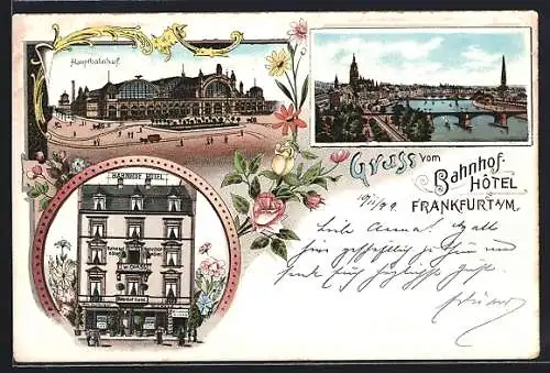 Lithographie Frankfurt a. M., Teilansicht, Hauptbahnhof, Bahnhof-Hotel