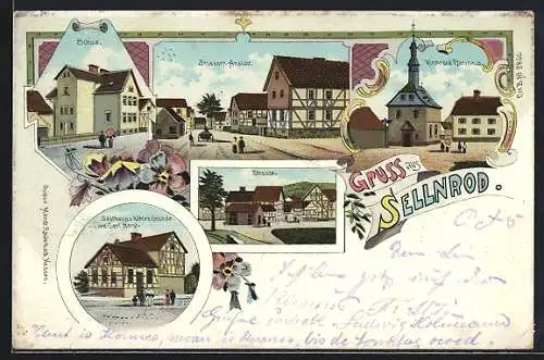 Lithographie Sellnrod, Gasthaus z. kühlen Grunde von Carl Horst, Schule, Strassen-Ansicht