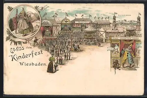 Lithographie Wiesbaden, Kinderfest mit Theater und Rutsch-Bahn