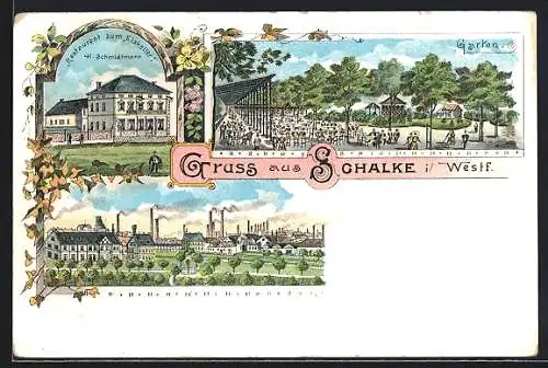 Lithographie Schalke i. Westf., Restaurant Zum Eiskeller v. H. Schmidtmann mit Garten