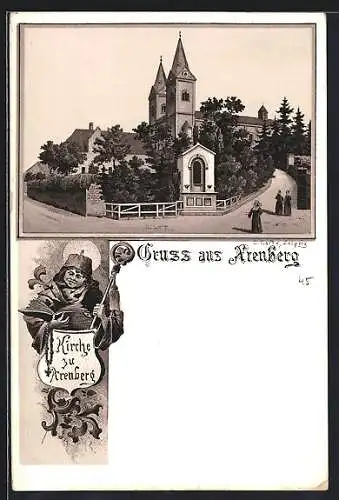 Lithographie Arenberg, Kirche der Ortschaft