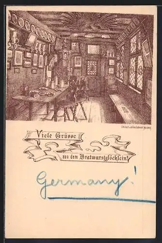 Lithographie Nürnberg, Inneres des Bratwurstglöckleins