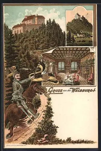 Lithographie Waldburg / Württ., Blick hinauf zur Burg und Ritter mit Flagge