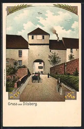 Lithographie Dilsberg, Tor, Strassenpartie mit Radfahrer und Kutsche