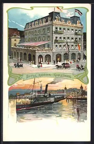 Lithographie Konstanz, Hotel Krone, Dampfer