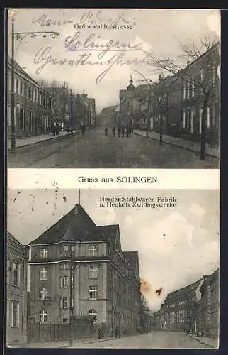 AK Solingen, Grünwalderstrasse und Herder Stahlwarenfabrin u. Henkels Zwillingswerke