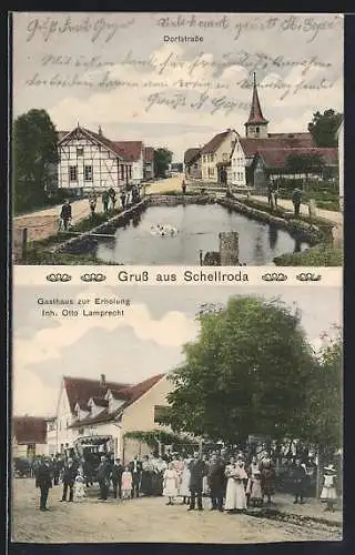 AK Schellroda, Gasthaus zur Erholung, Dorfstrasse mit Ententeich