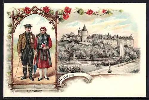 Lithographie Altenburg, Ehepaar in thüringischer Tracht