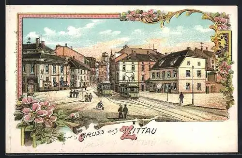 Lithographie Zittau, Platz mit Strassenbahnen