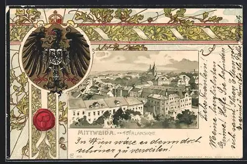 Passepartout-Lithographie Mittweida, Totalansicht, Wappen