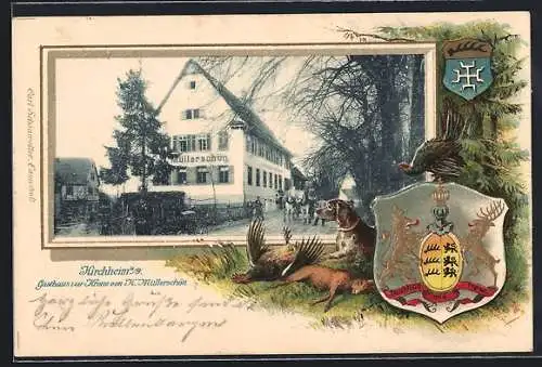 Passepartout-Lithographie Kirchheim u. T., Gasthaus zur Krone v. H. Müllerschön, Wappen