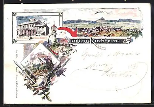 Lithographie Kirchheim u. T., Teckthurm, Hohen Neuffen und Gasthof Chuber Tyroler