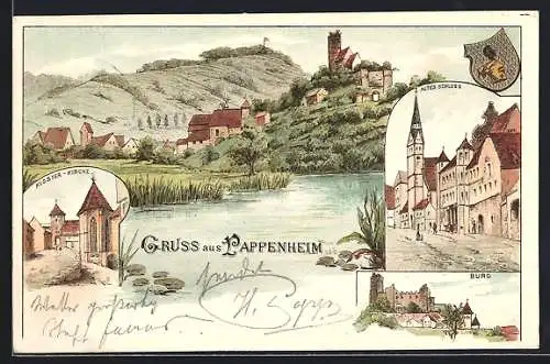 Lithographie Pappenheim / Bayern, Kloster-Kirche, Altes Schloss, Burg