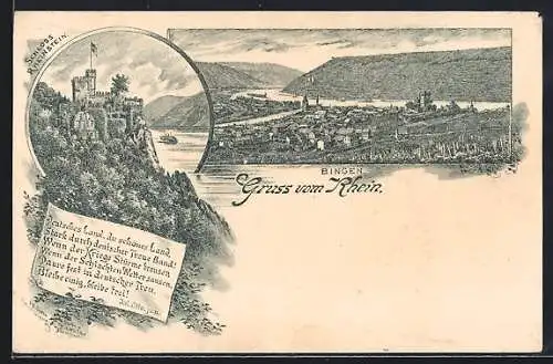 Lithographie Bingen / Rhein, 1894, Schloss Rheinstein, Gesamtansicht
